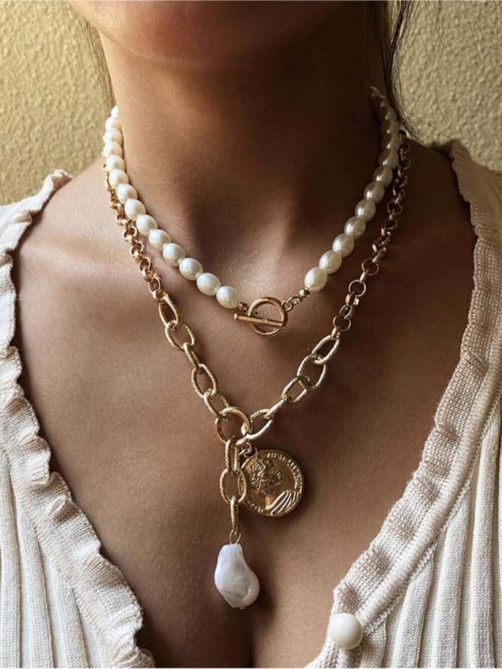 New Layered Gold with Pearls Necklace Baroque Coin